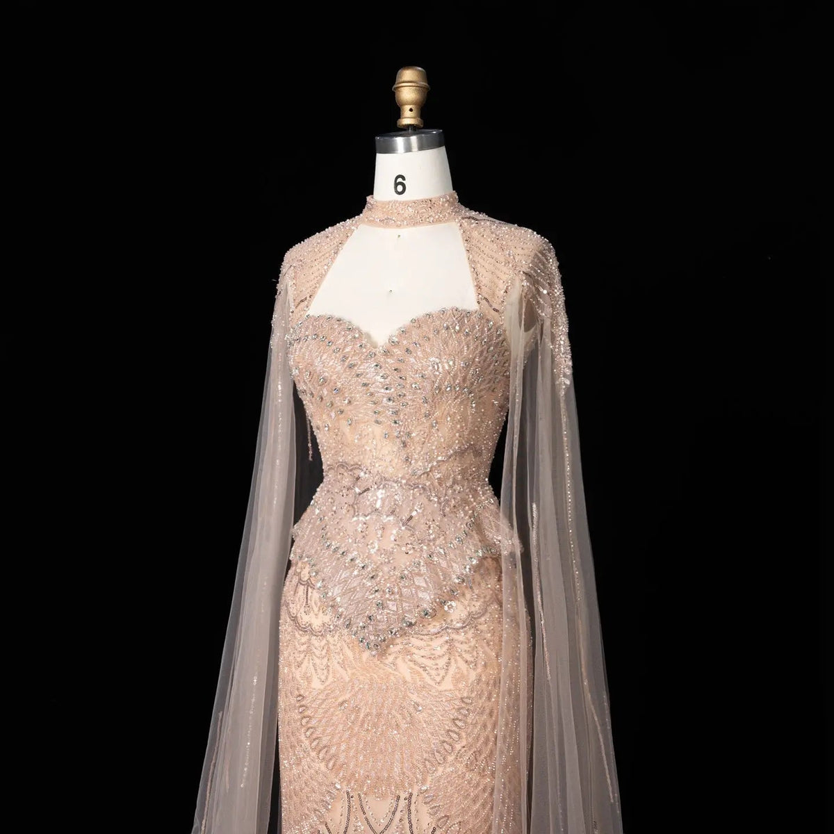 Champagne Beaded Sequined Mermaid Evening Gown With Cape SS018 - Champagne