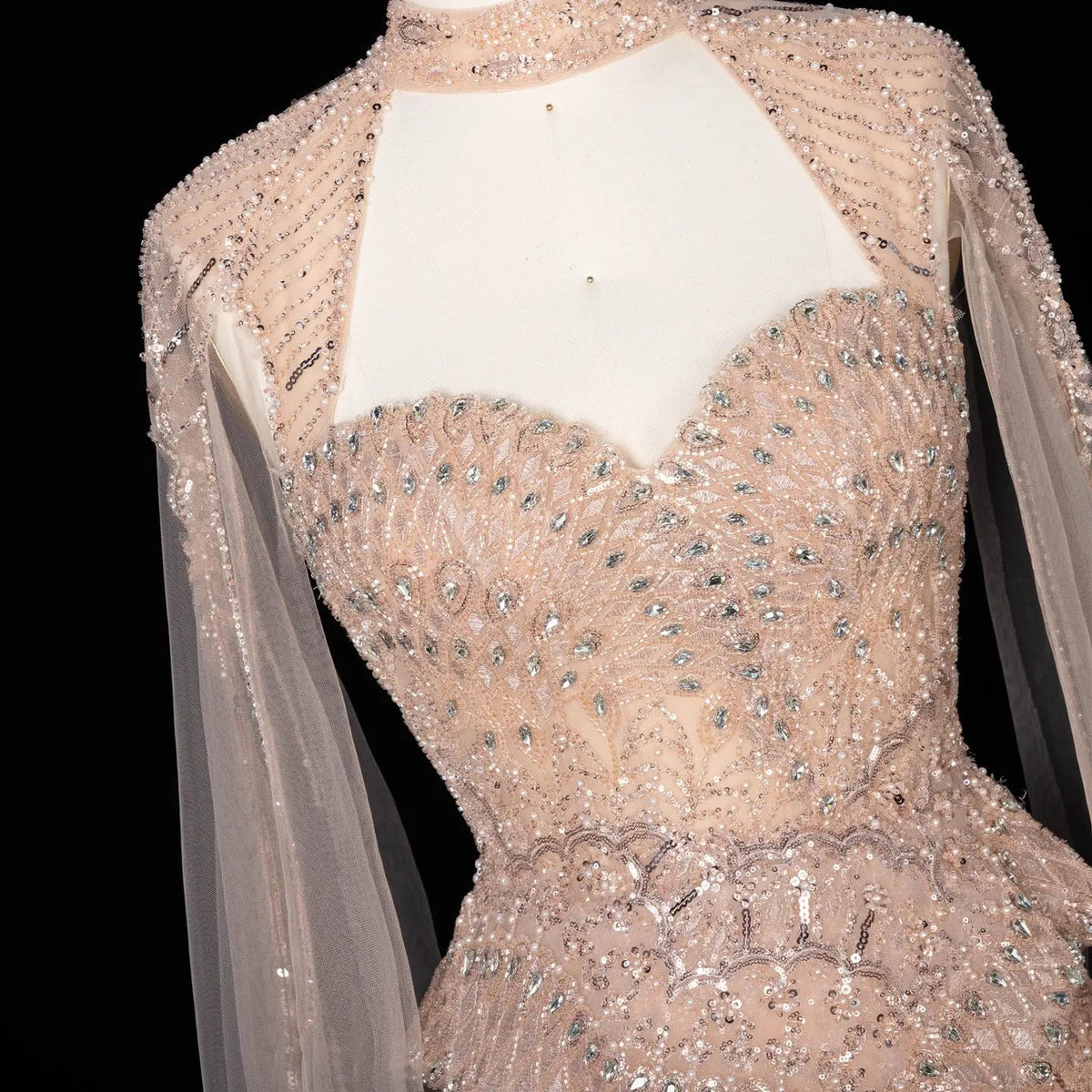 Champagne Beaded Sequined Mermaid Evening Gown With Cape SS018 - Champagne