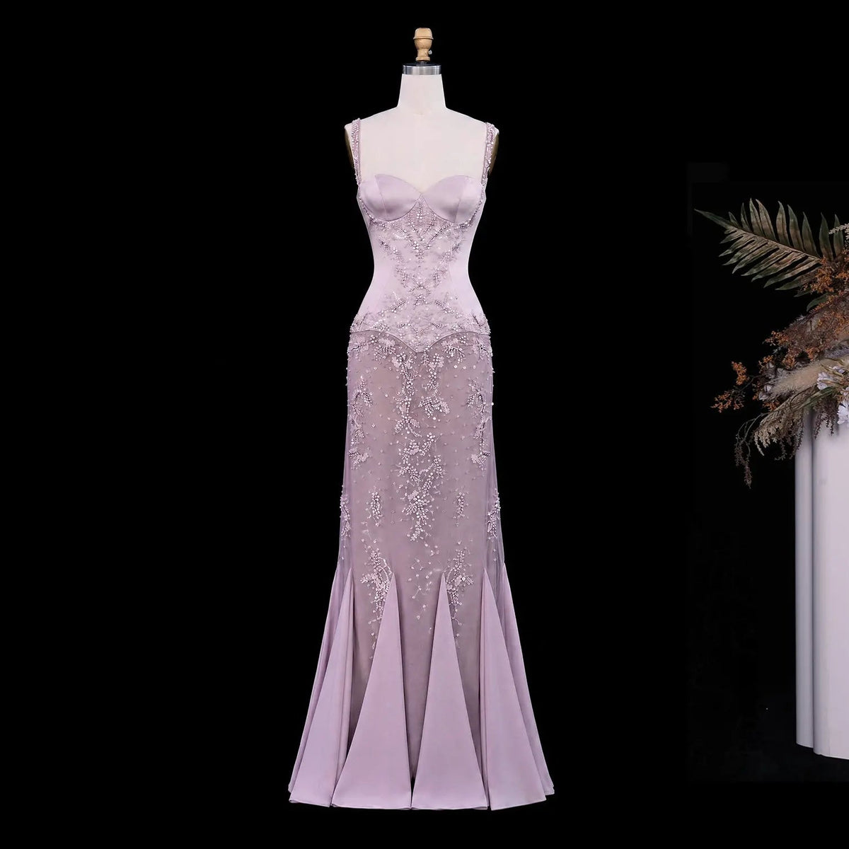 Pink Long Bell Sleeve Beaded Mermaid Evening Dress SS211