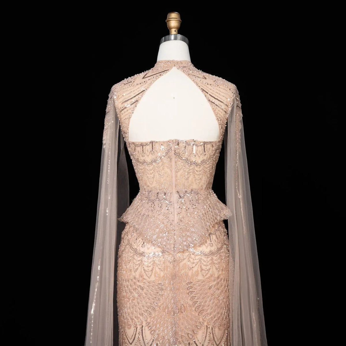 Champagne Beaded Sequined Mermaid Evening Gown With Cape SS018 - Champagne