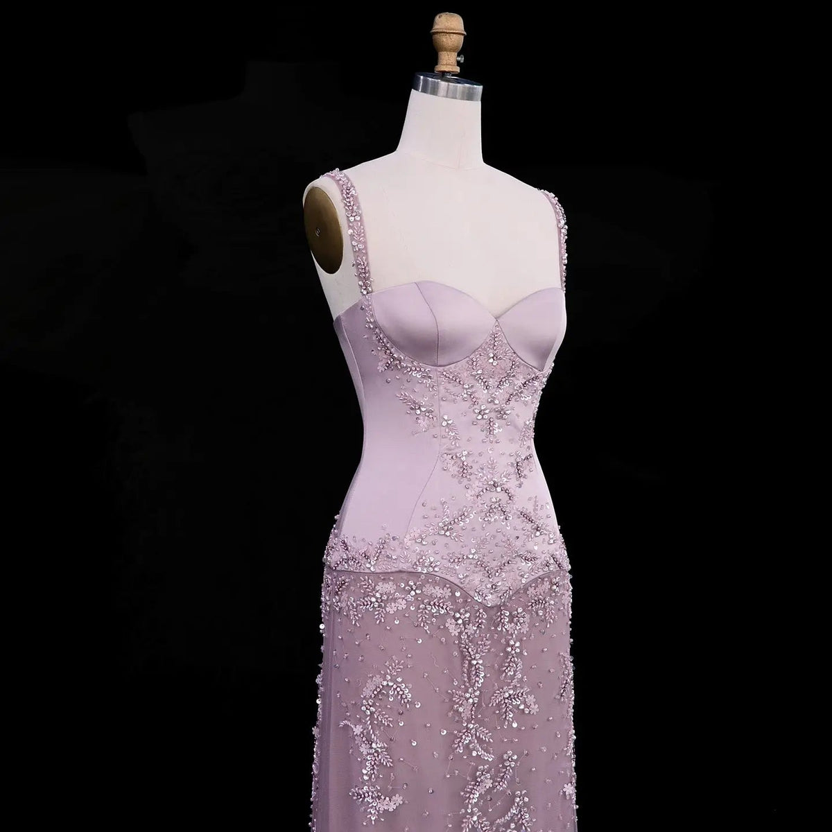 Pink Long Bell Sleeve Beaded Mermaid Evening Dress SS211