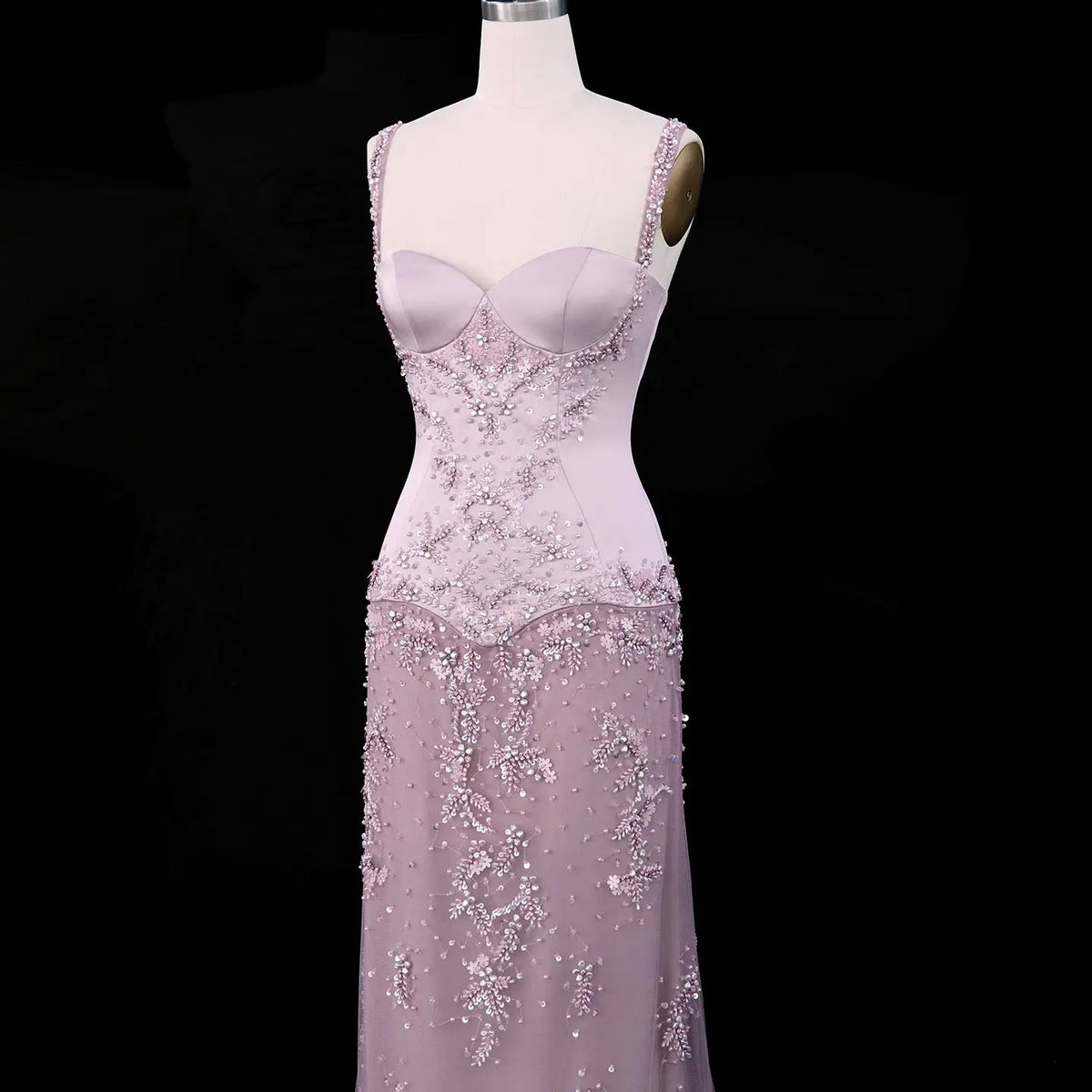 Pink Long Bell Sleeve Beaded Mermaid Evening Dress SS211