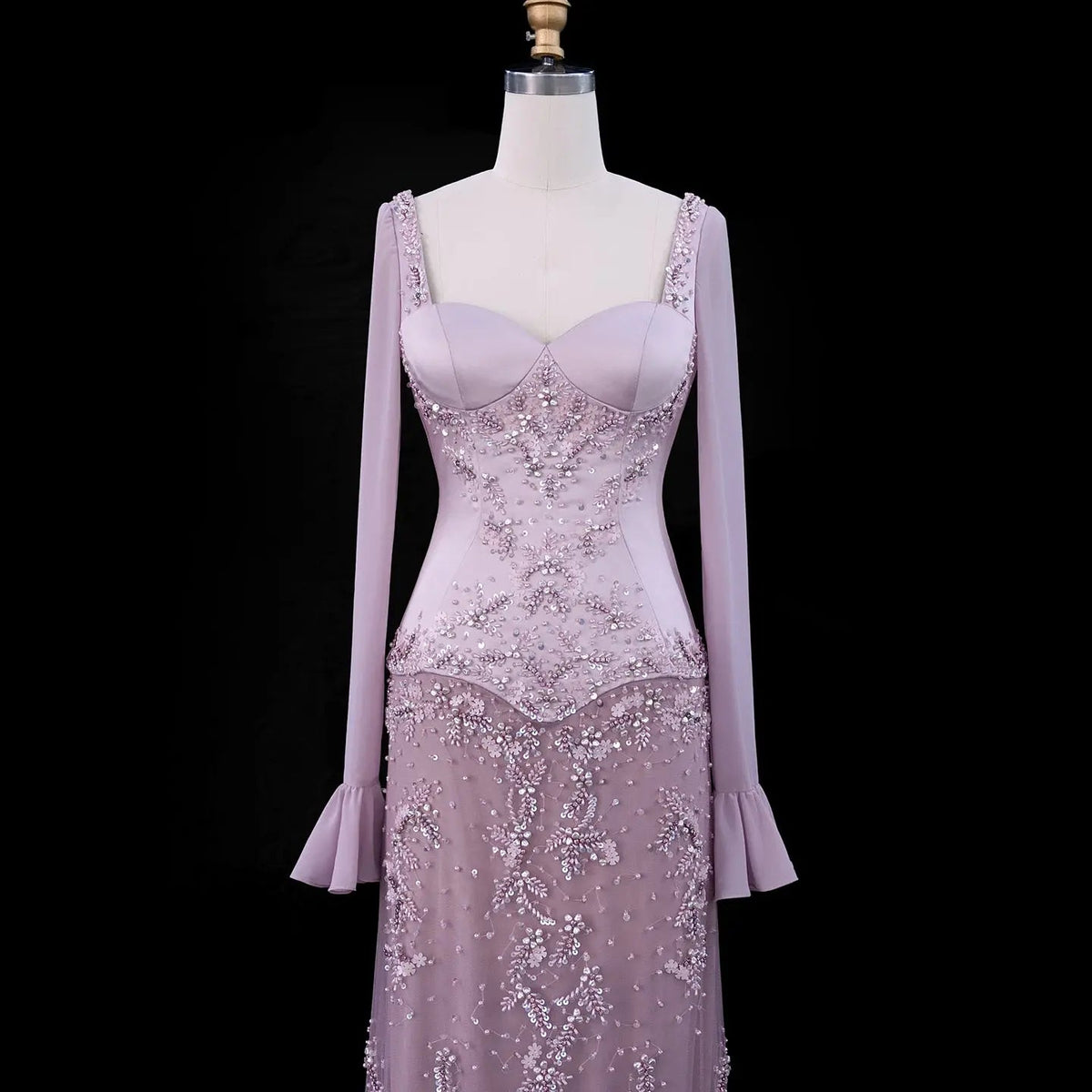 Pink Long Bell Sleeve Beaded Mermaid Evening Dress SS211