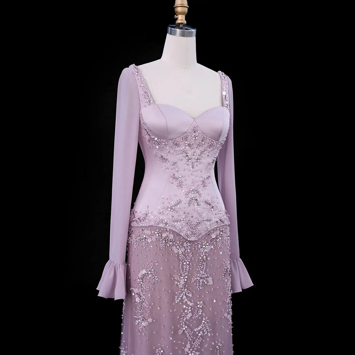 Pink Long Bell Sleeve Beaded Mermaid Evening Dress SS211
