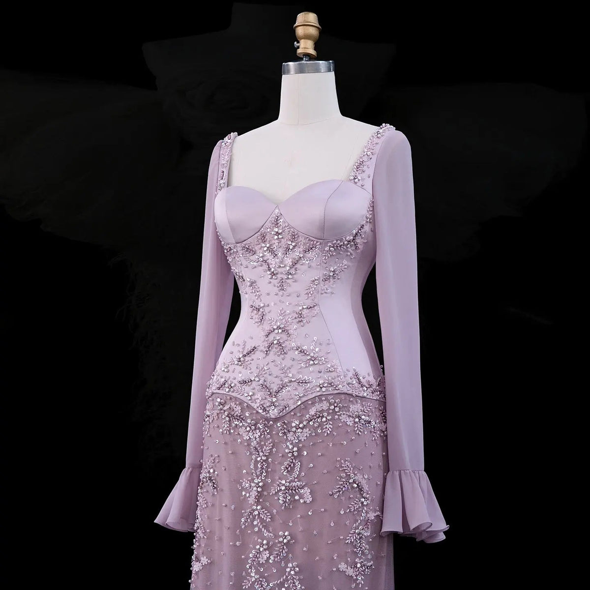 Pink Long Bell Sleeve Beaded Mermaid Evening Dress SS211