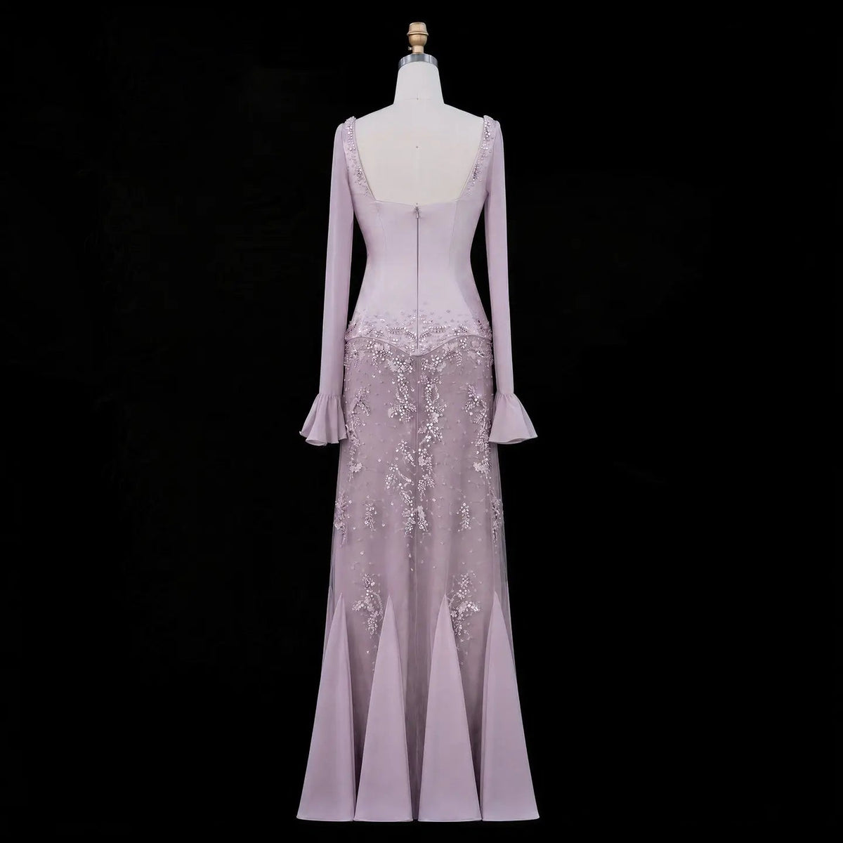 Pink Long Bell Sleeve Beaded Mermaid Evening Dress SS211