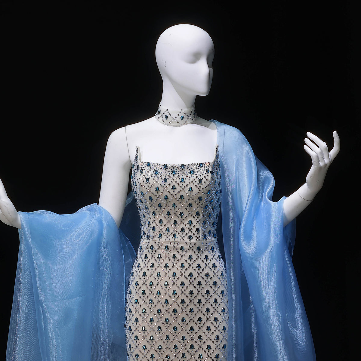 Glamorous Blue Mermaid Beaded Evening Dress with Cape Sleeve and Choker SS506
