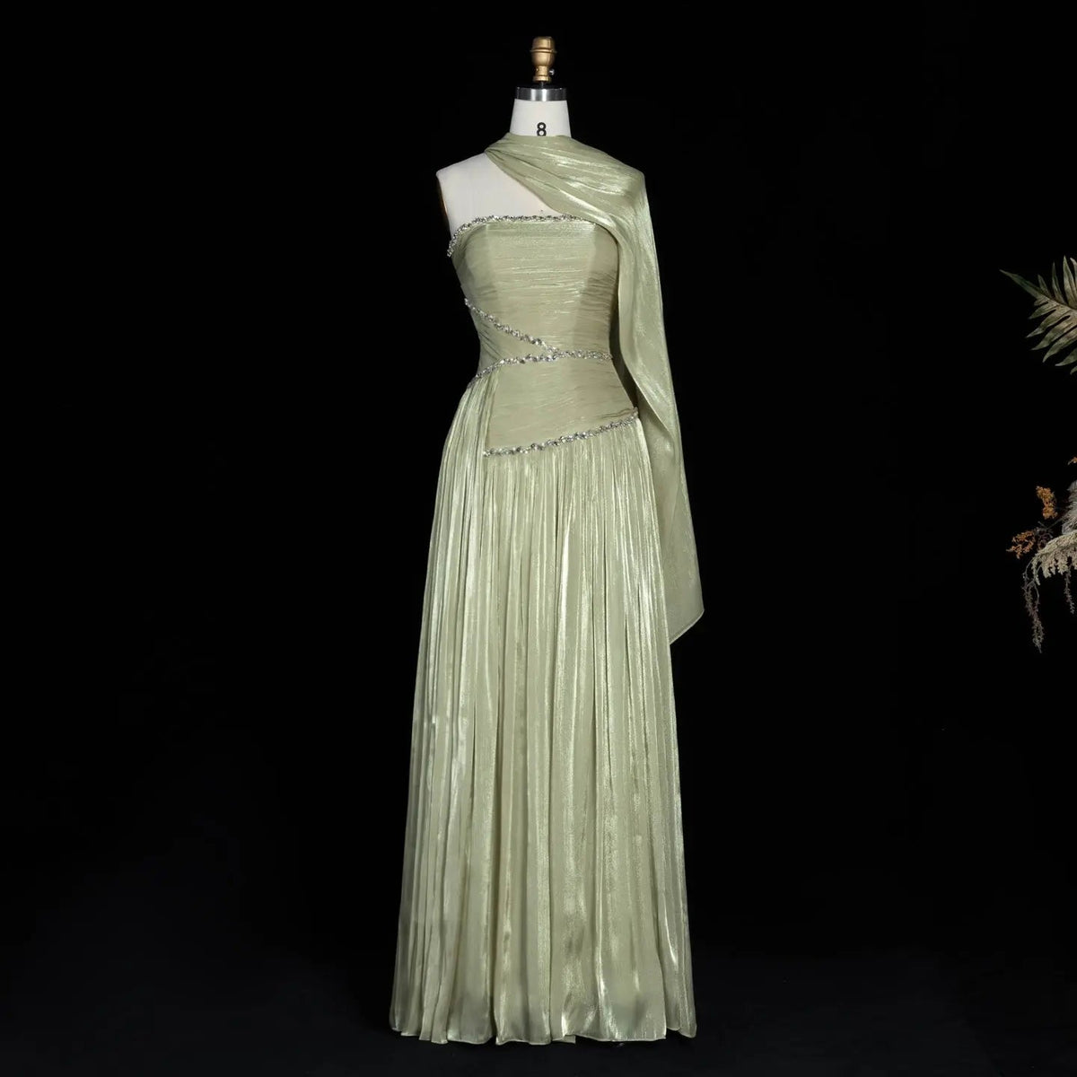 Green Pleated Drape Cape Formal Evening Maxi Dress SF189