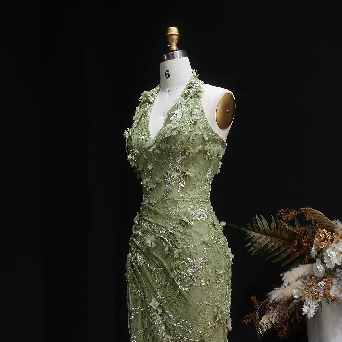 Luxury Green Halter Neck 3D Floral Lace Evening Dress with High Slit SF521