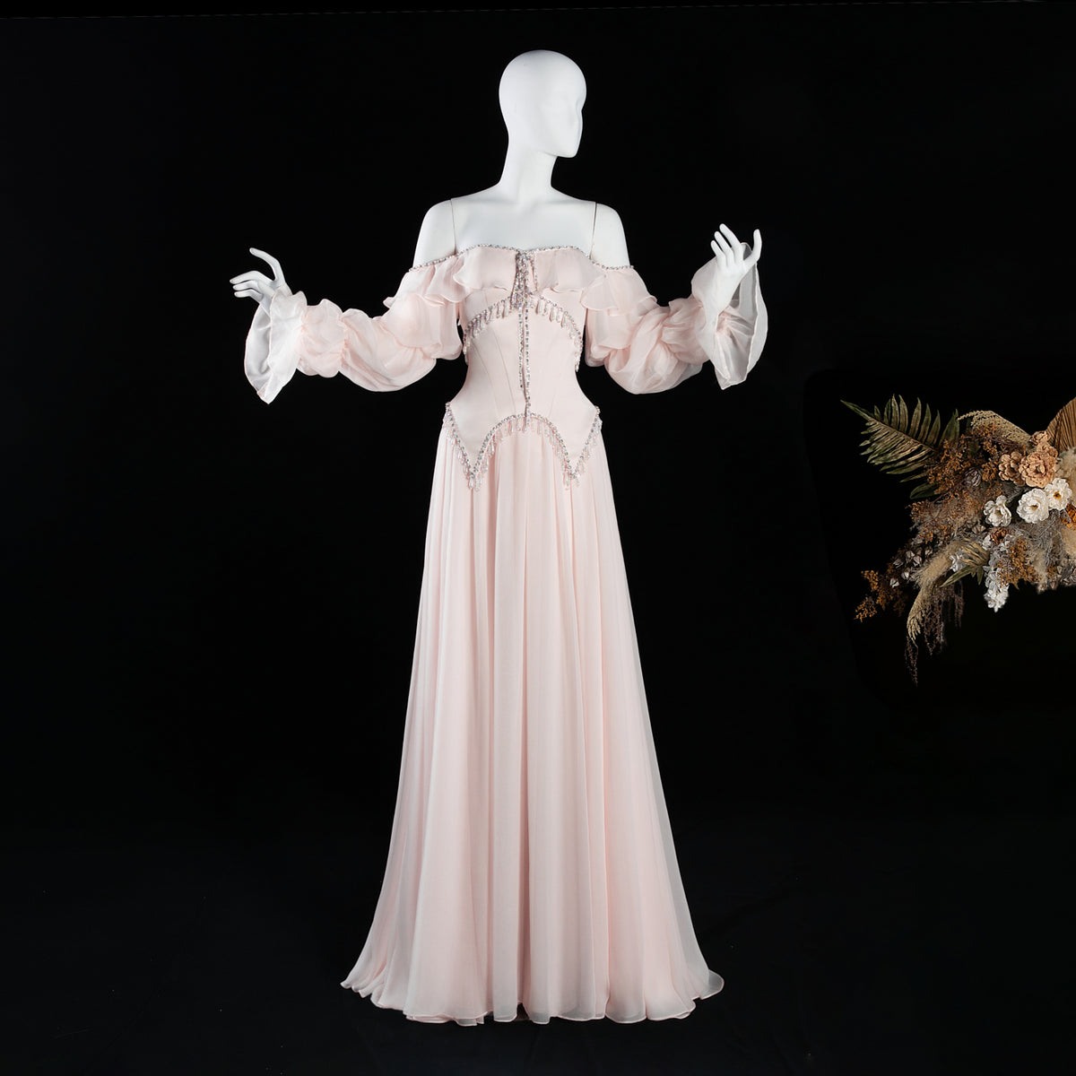 Elegant Pearl Pink Off Shoulder Chiffon Evening Dress SS412