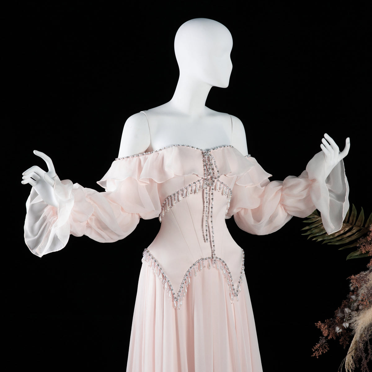 Elegant Pearl Pink Off Shoulder Chiffon Evening Dress SS412