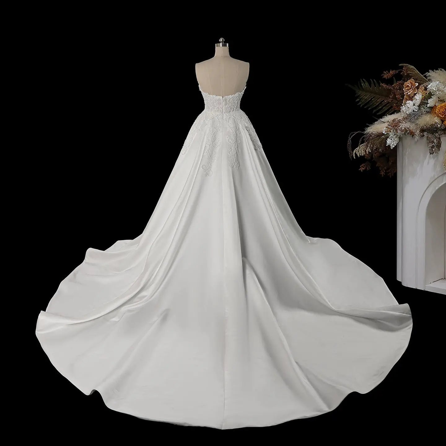 White Satin Strapless Wedding Dress Lace Appliques Sweetheart Neckline Ball Gown SW743 - White