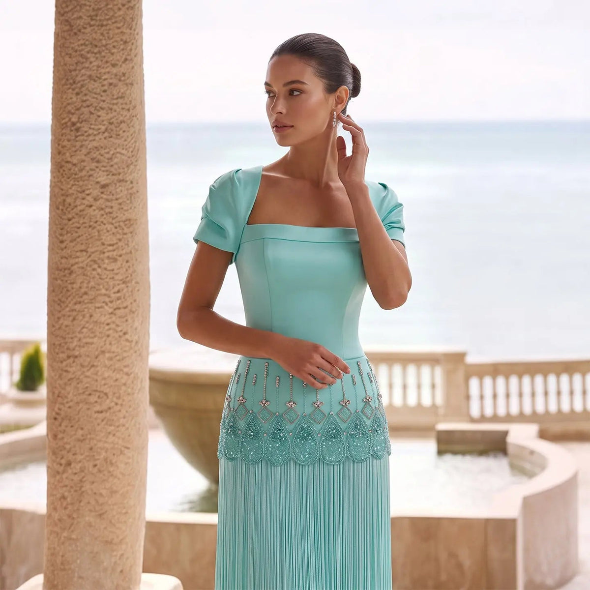 Aqua Blue Drop Waist Crystal Beaded Sheath Dress with Flowing Long Tassels SS292
