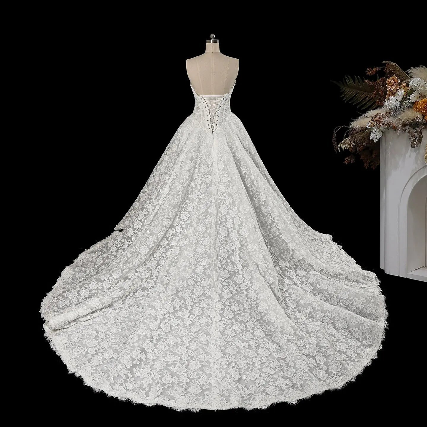 White Floral Lace Strapless Bridal Gown Sweetheart Neckline Front Button Ball Gown SW742 - White