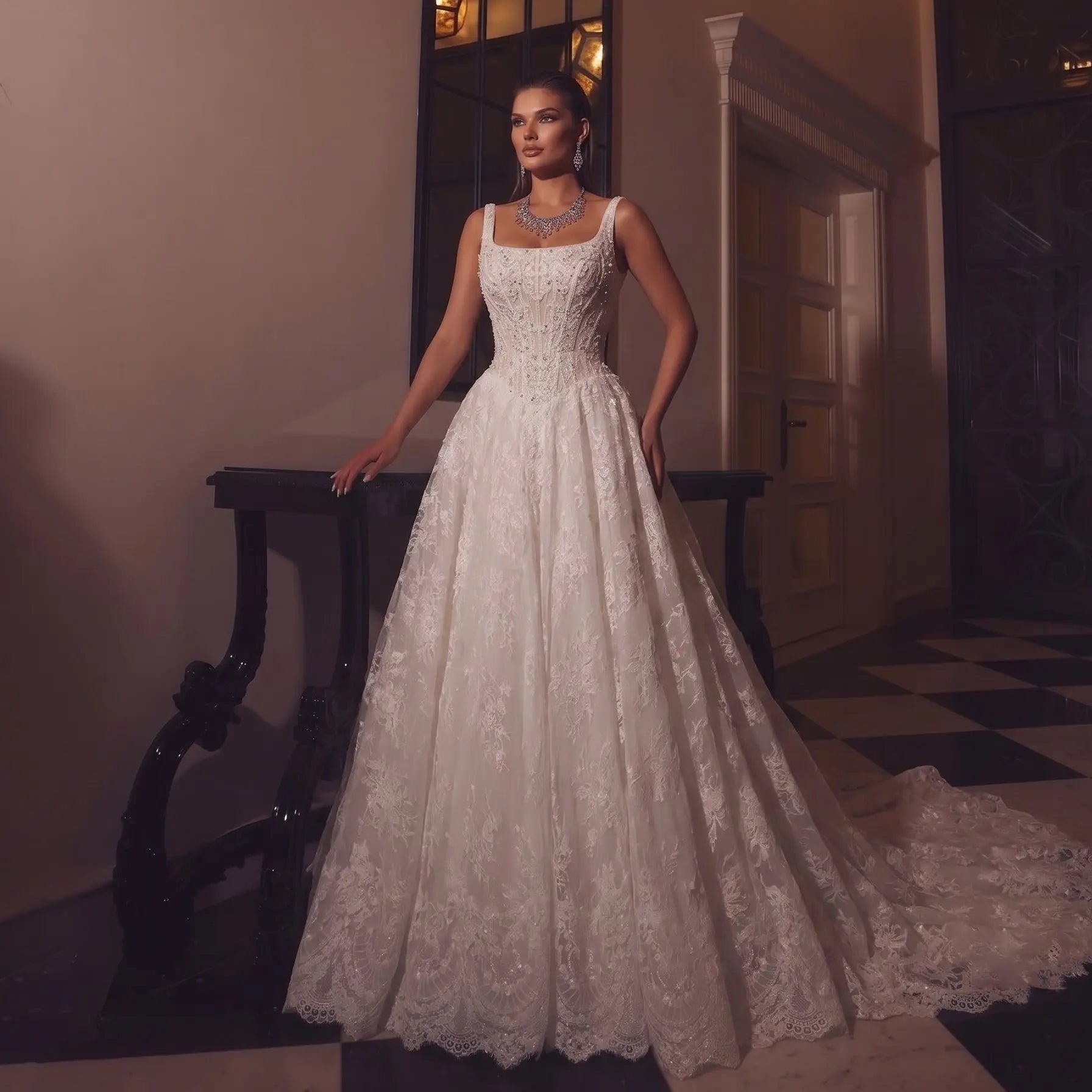White Lace Spaghetti Strap Bridal Gown Square Neck Beaded Corset Ball Gown SW612 - White