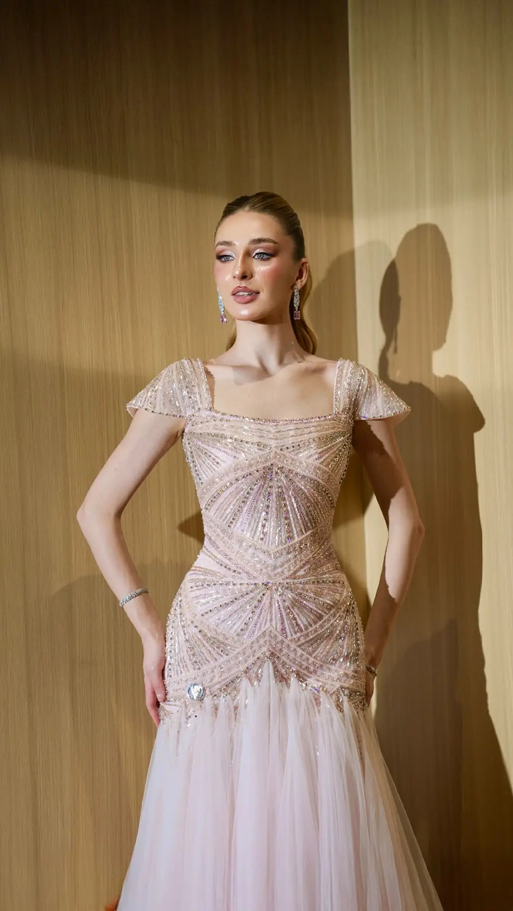 Rust Red Sequin Cap Sleeve Pleated Formal Evening Gown SS325
