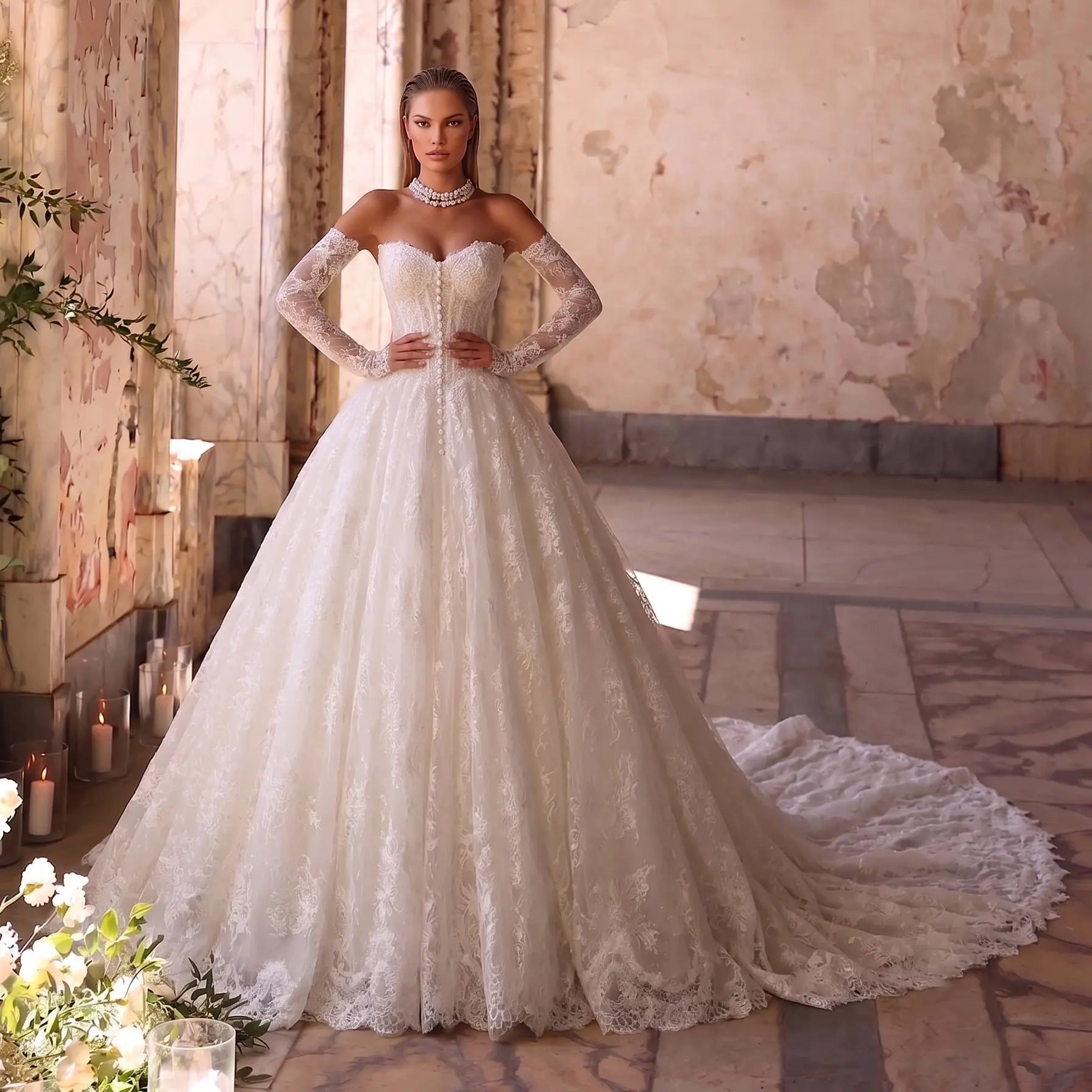 White Floral Lace Ball Gown Wedding Dress with Sweetheart Neckline and Detachable Long Sleeves SW677 - White