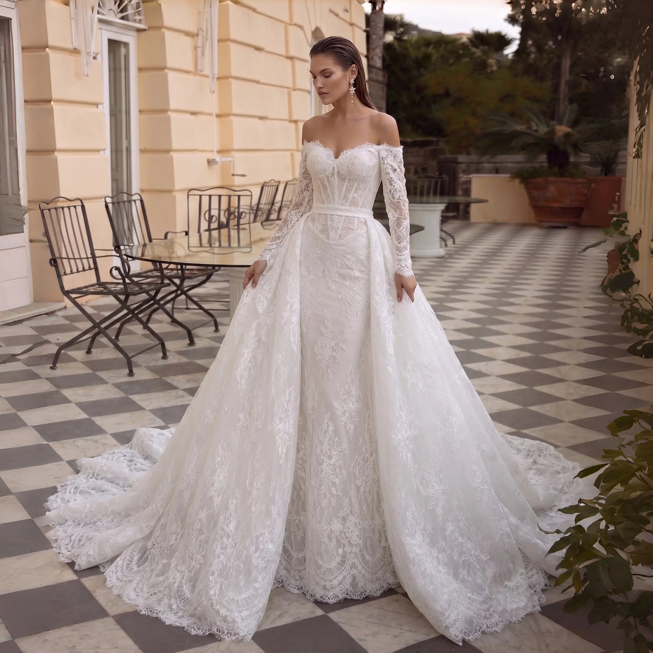 White Lace Mermaid Wedding Dress Off the Shoulder with Detachable Train and Long Sleeves SW678 - White