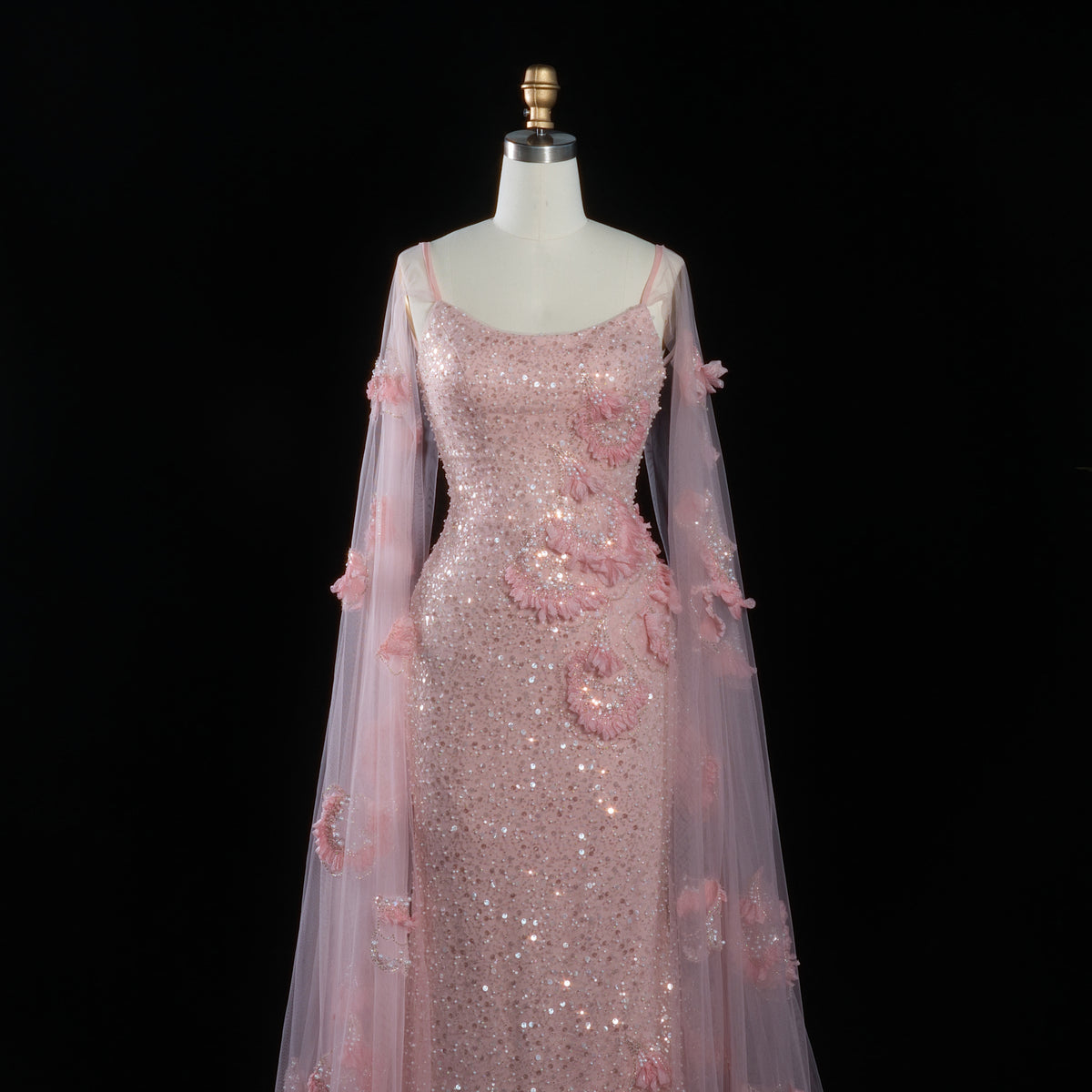 Romantic Pink Spaghetti Strap 3D Floral Cape Sleeve Evening Dress SS472