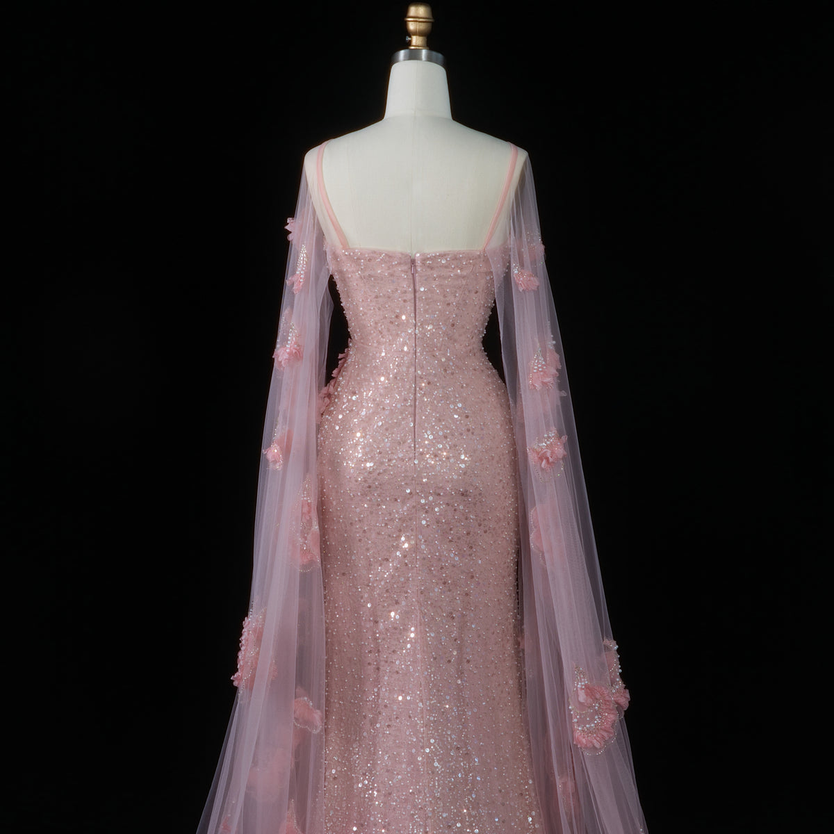 Romantic Pink Spaghetti Strap 3D Floral Cape Sleeve Evening Dress SS472