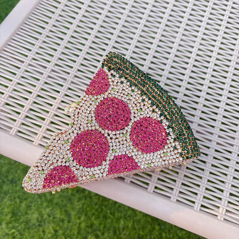 Metallic Watermelon Rhinestone Pizza Shaped Clutch Bag HB025