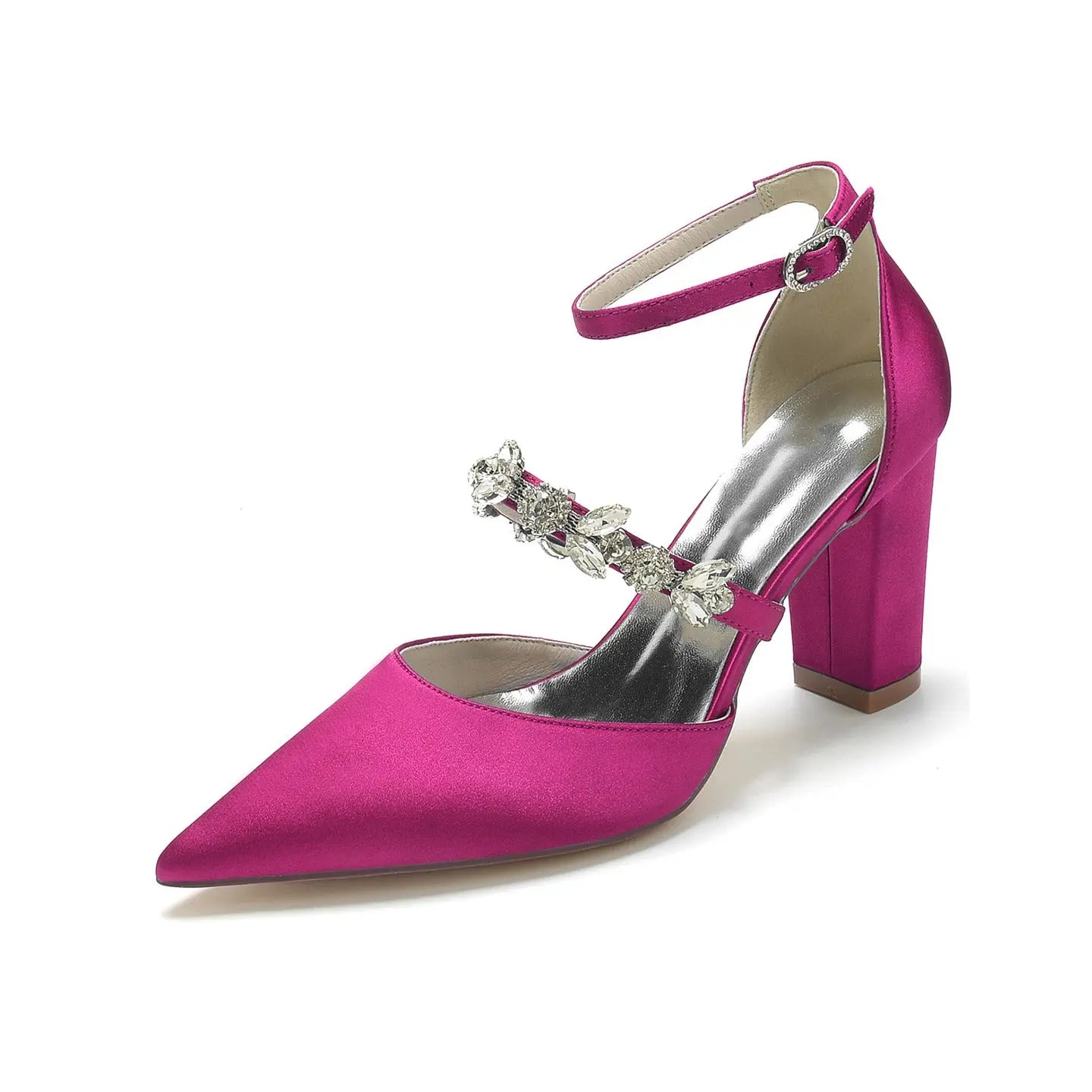 Pointed-Toe Block-Heel Pumps with Ankle Strap and Rhinestones HH022