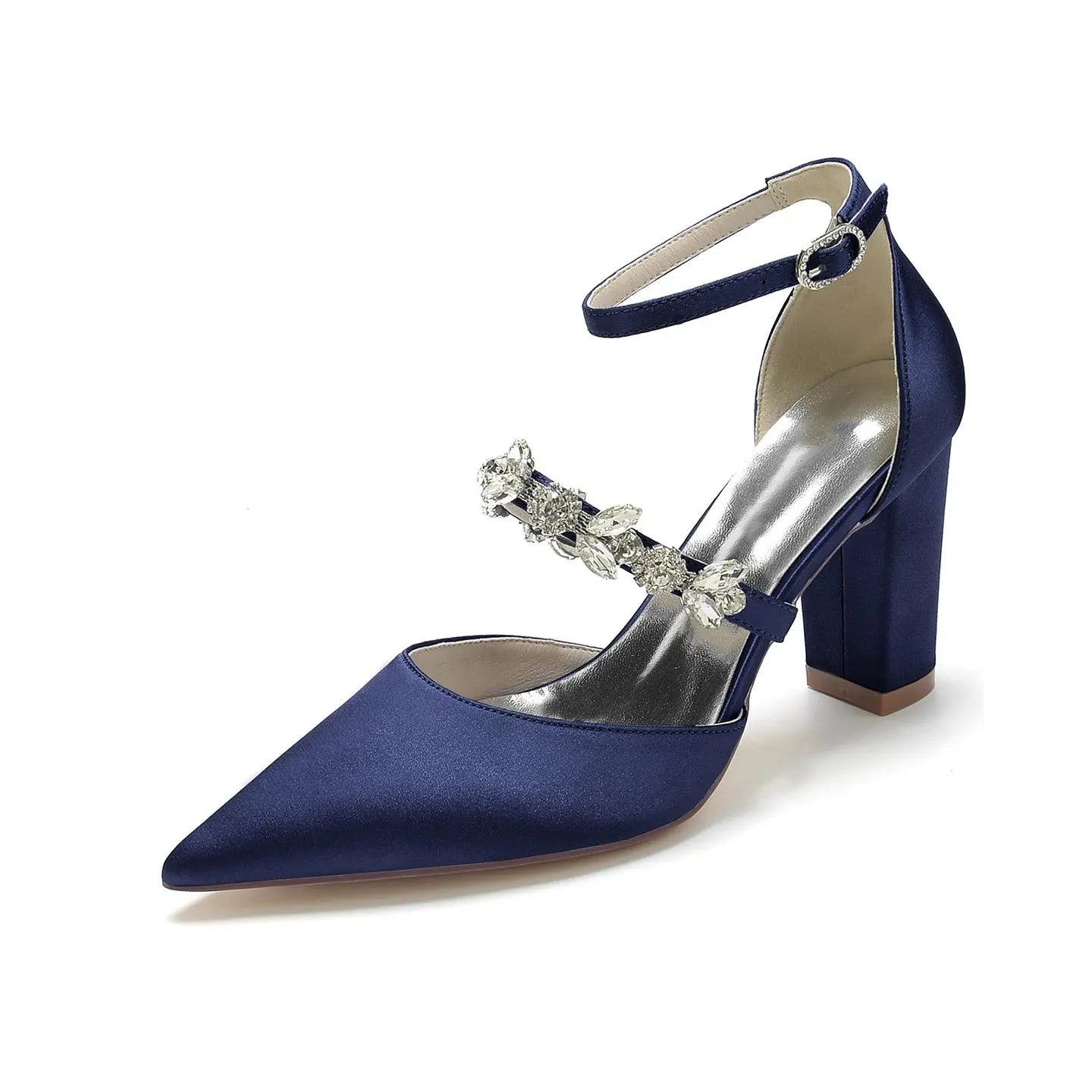 Pointed-Toe Block-Heel Pumps with Ankle Strap and Rhinestones HH022
