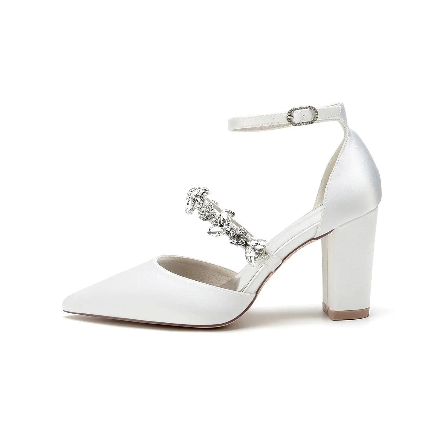 Pointed-Toe Block-Heel Pumps with Ankle Strap and Rhinestones HH022