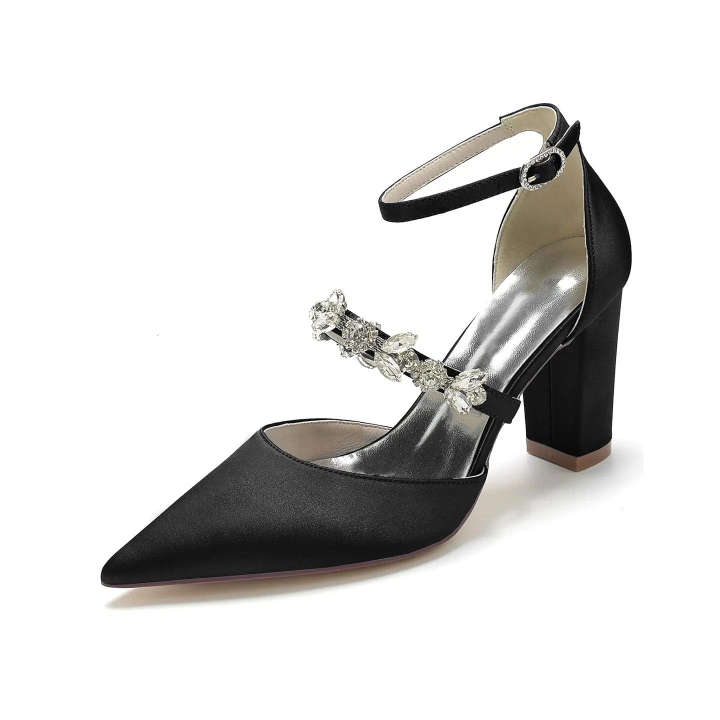 Pointed-Toe Block-Heel Pumps with Ankle Strap and Rhinestones HH022