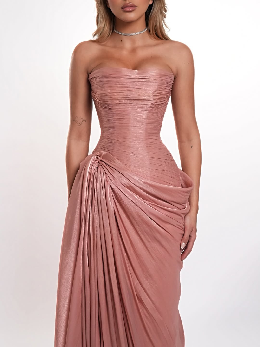 Luxury Rose Pink Strapless High Slit Evening Dress with Overskirt SF053