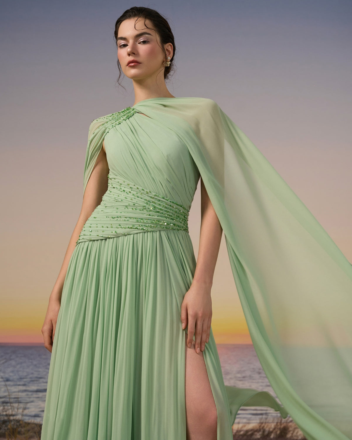 Sophisticated Mint Green Crystal Cape Sleeve Chiffon Evening Dress SF119