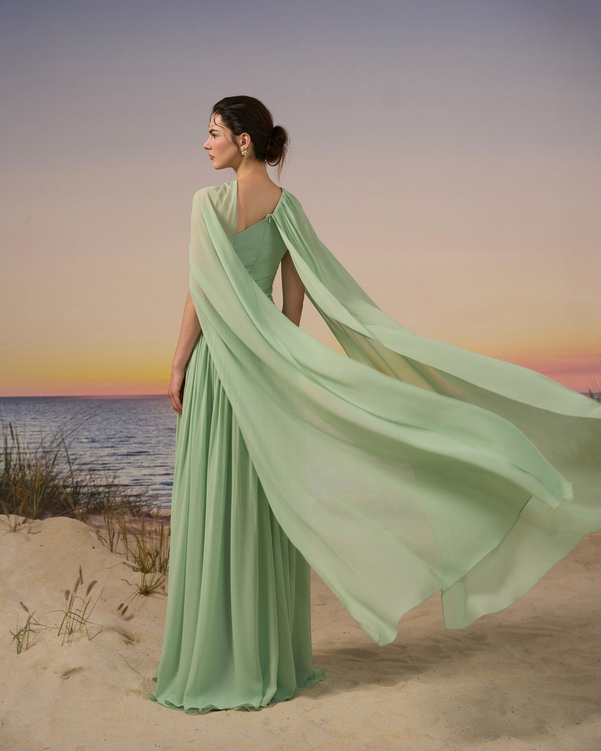 Sophisticated Mint Green Crystal Cape Sleeve Chiffon Evening Dress SF119