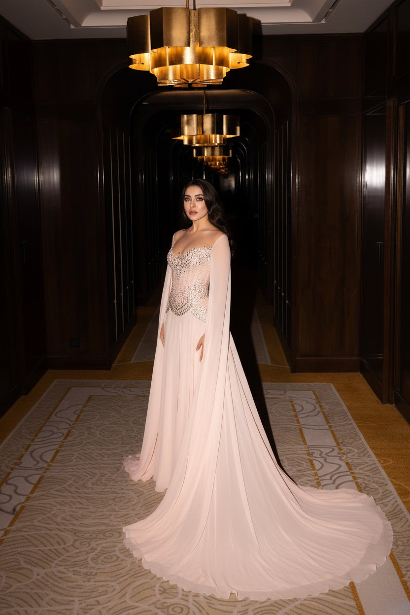 Elegant Pink Beaded Flowy Cape Sleeve Evening Dress SS367
