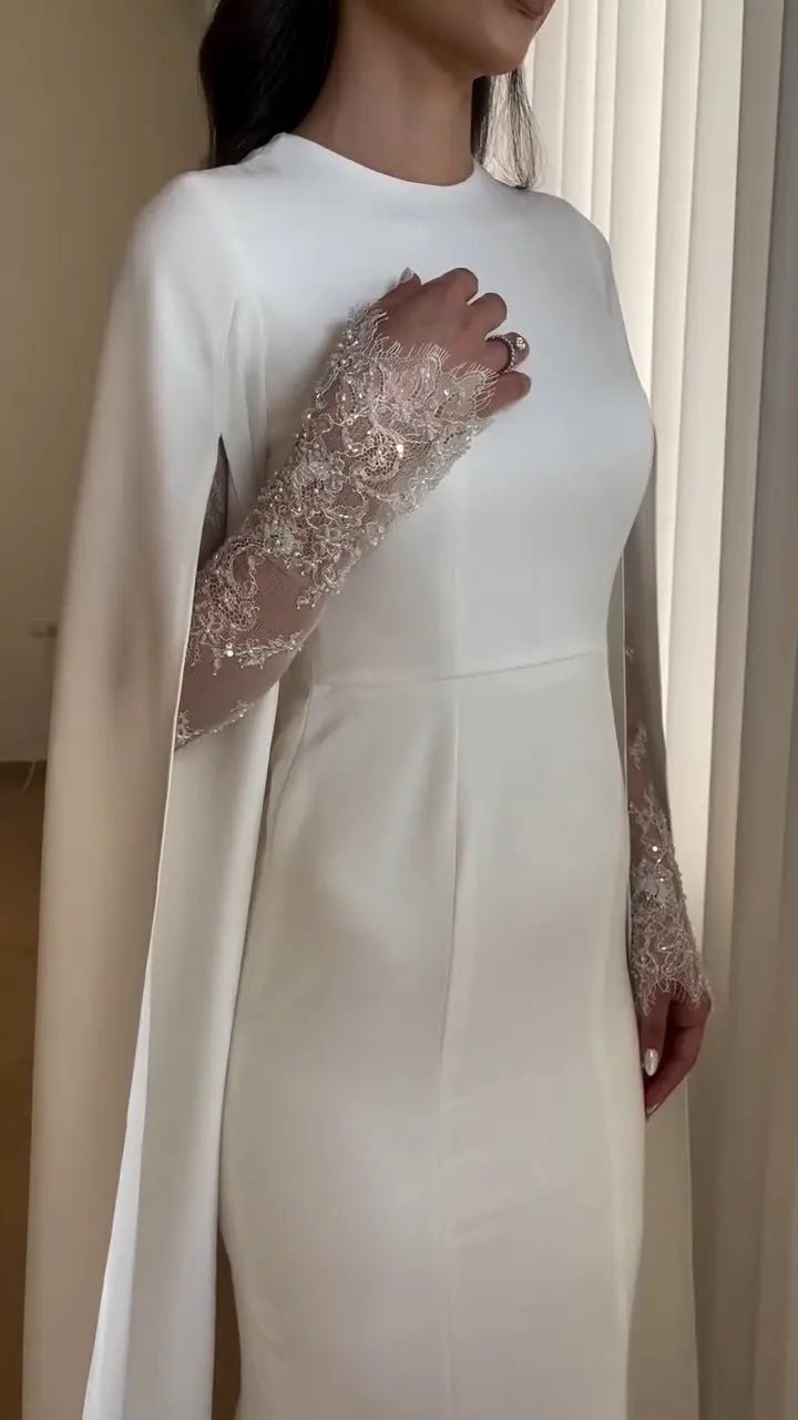Ivory Minimalist Modest Mermaid Beaded Satin Wedding Dress Sweep Train SW513