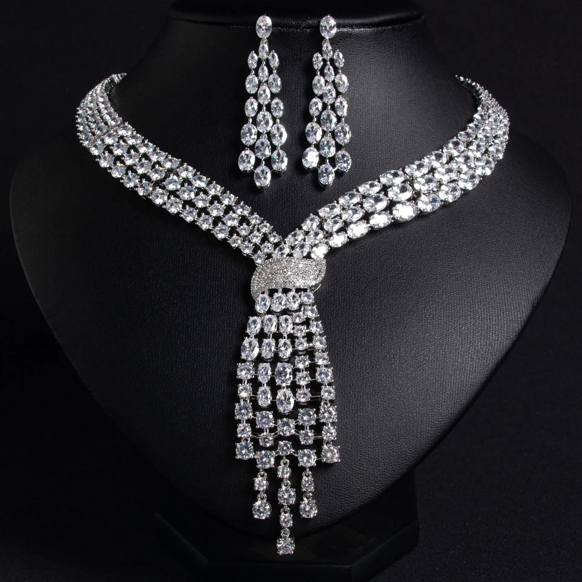 Luxury Tassel Cubic Zirconia Earrings and Necklace Set JW038