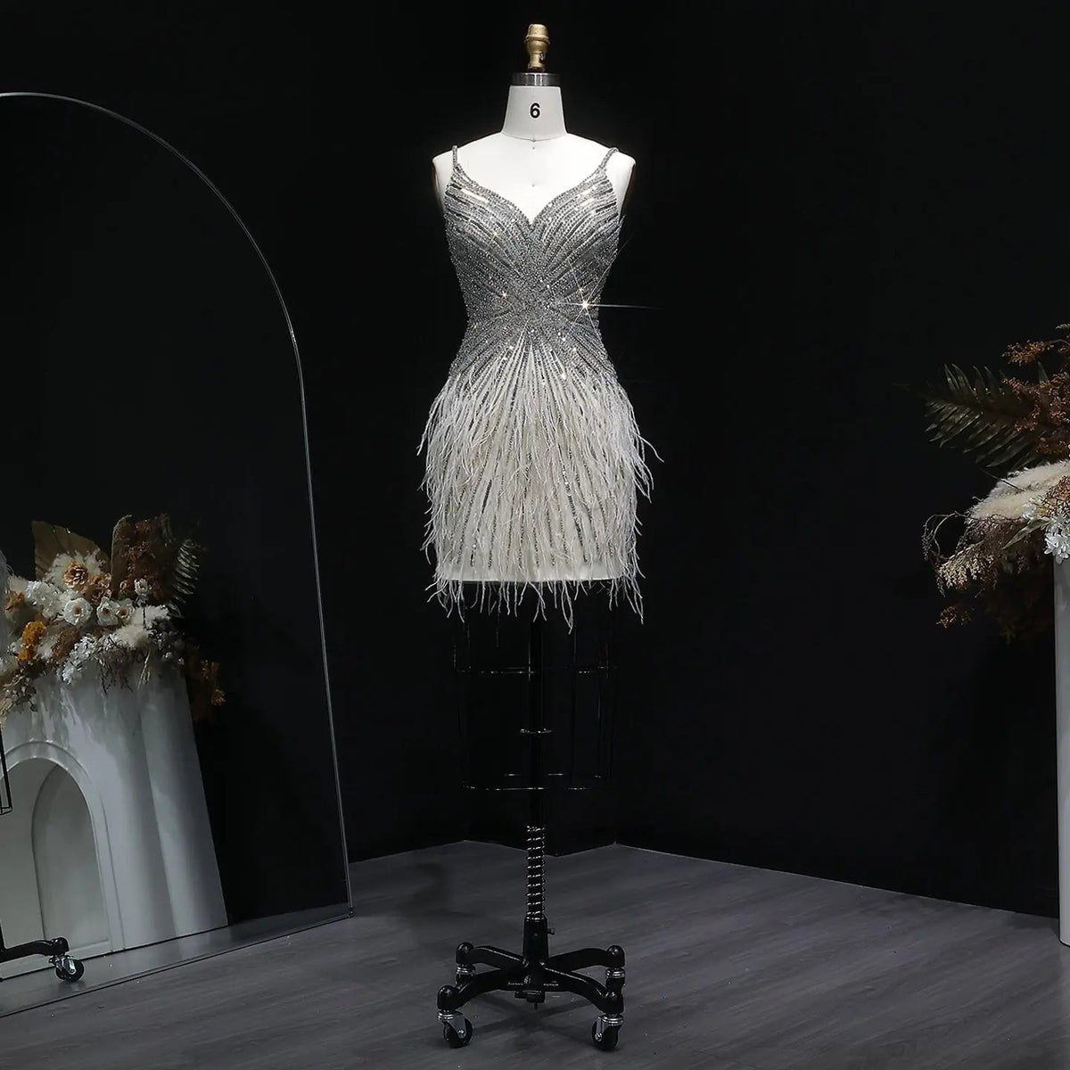 Sparkly Sequin Feather Mini Cocktail Dress Sweetheart Spaghetti Strap Party Dress RM124 - Beige