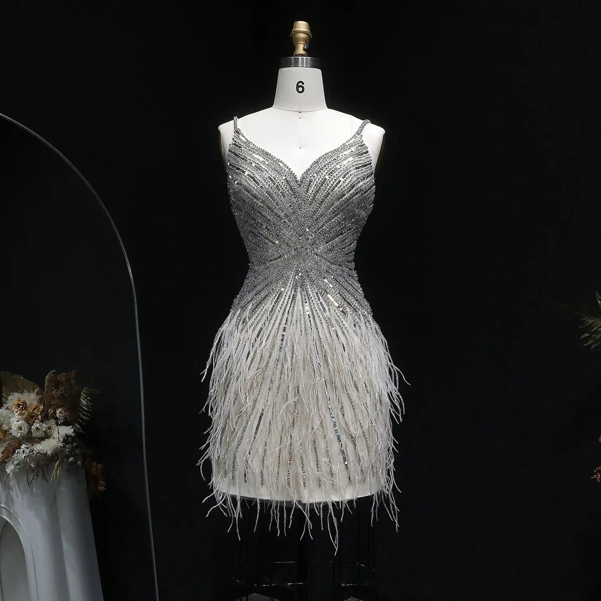 Sparkly Sequin Feather Mini Cocktail Dress Sweetheart Spaghetti Strap Party Dress RM124 - Beige