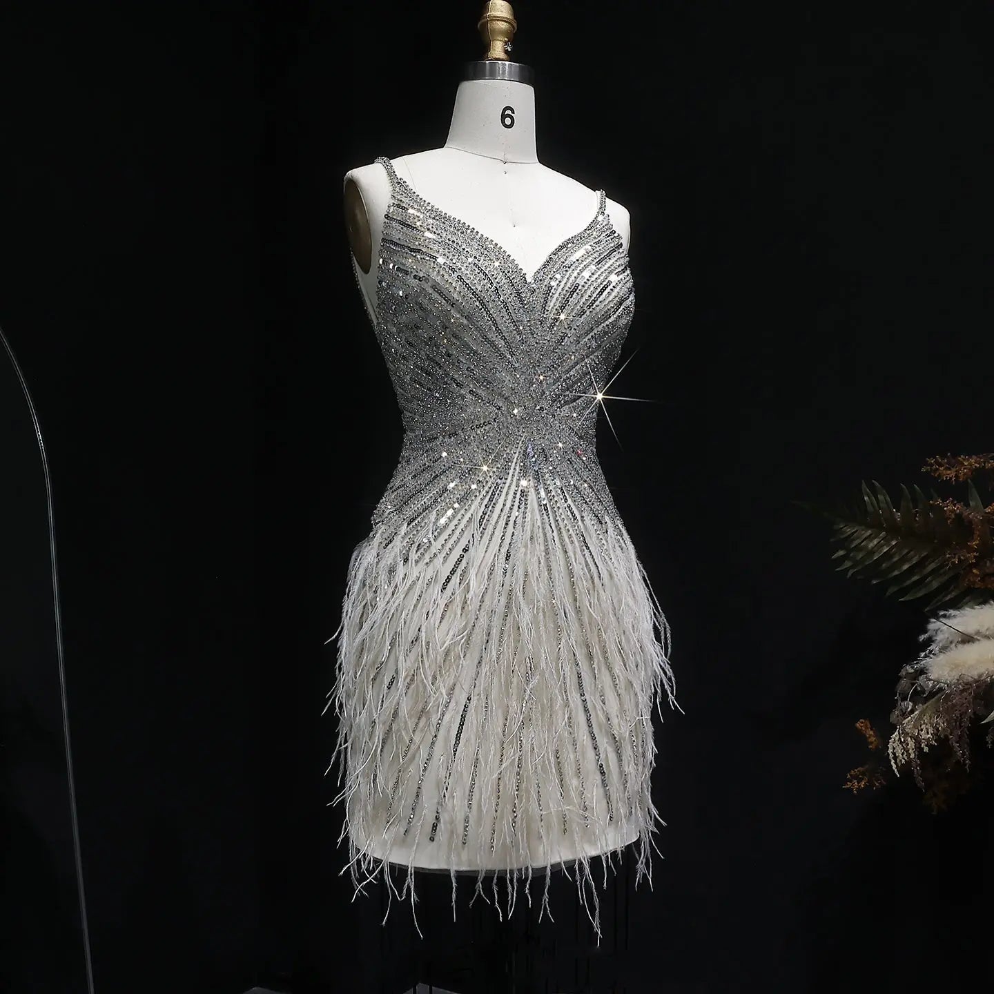 Sparkly Sequin Feather Mini Cocktail Dress Sweetheart Spaghetti Strap Party Dress RM124 - Beige