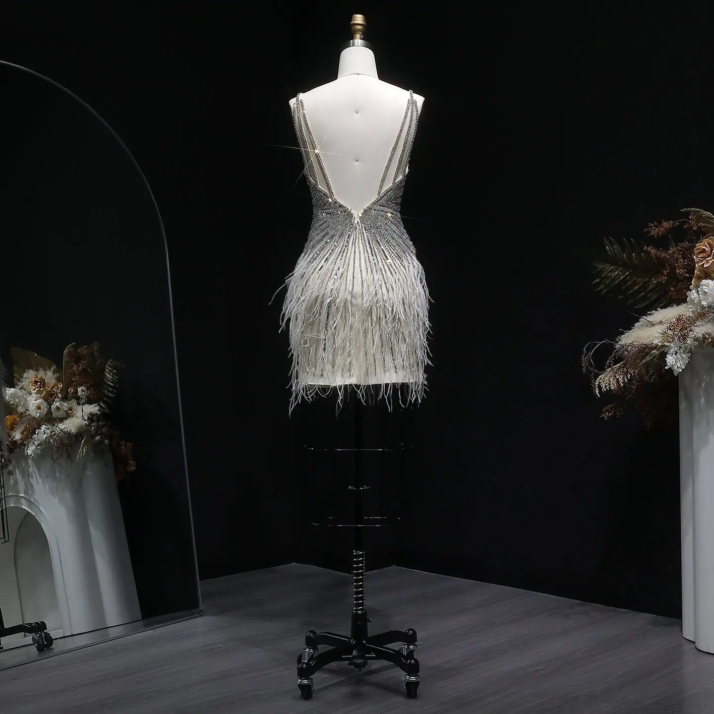 Sparkly Sequin Feather Mini Cocktail Dress Sweetheart Spaghetti Strap Party Dress RM124 - Beige