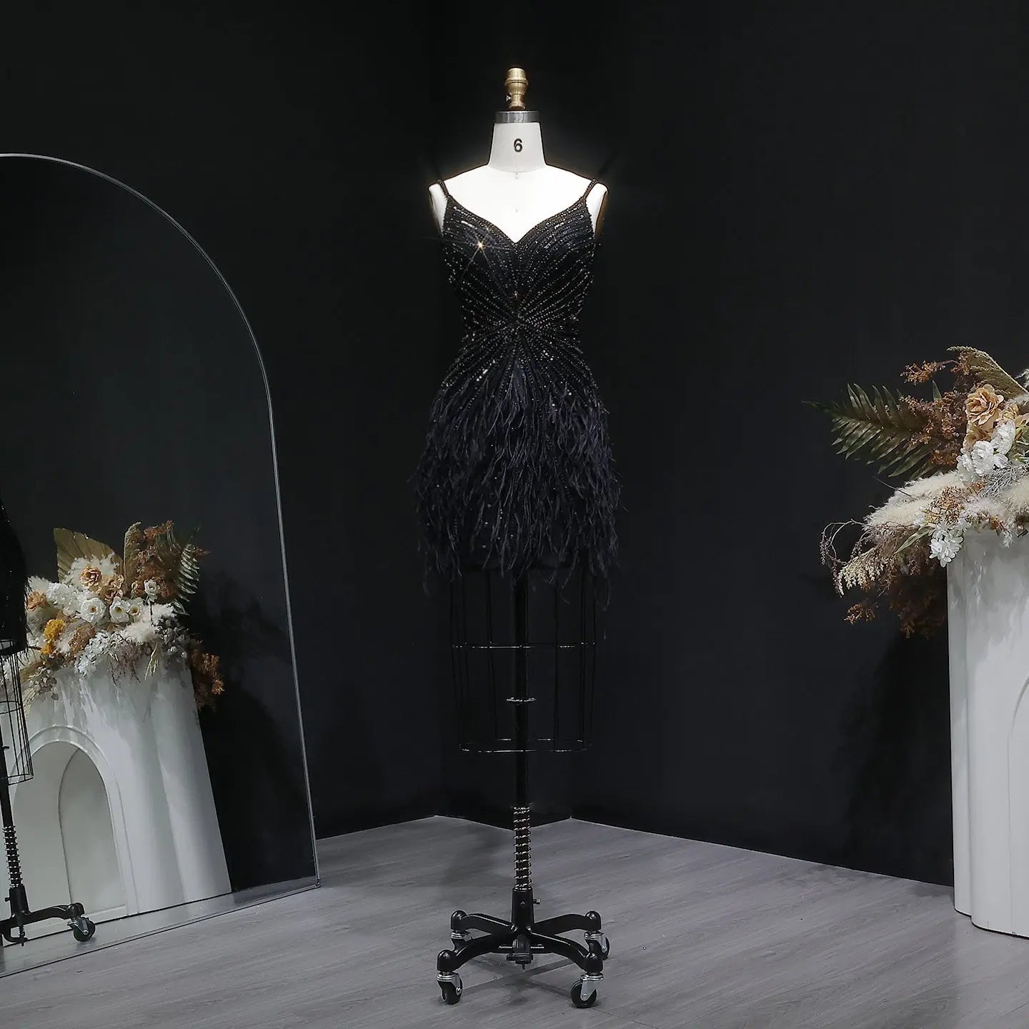 Sparkly Sequin Feather Mini Cocktail Dress Sweetheart Spaghetti Strap Party Dress RM124 - Black