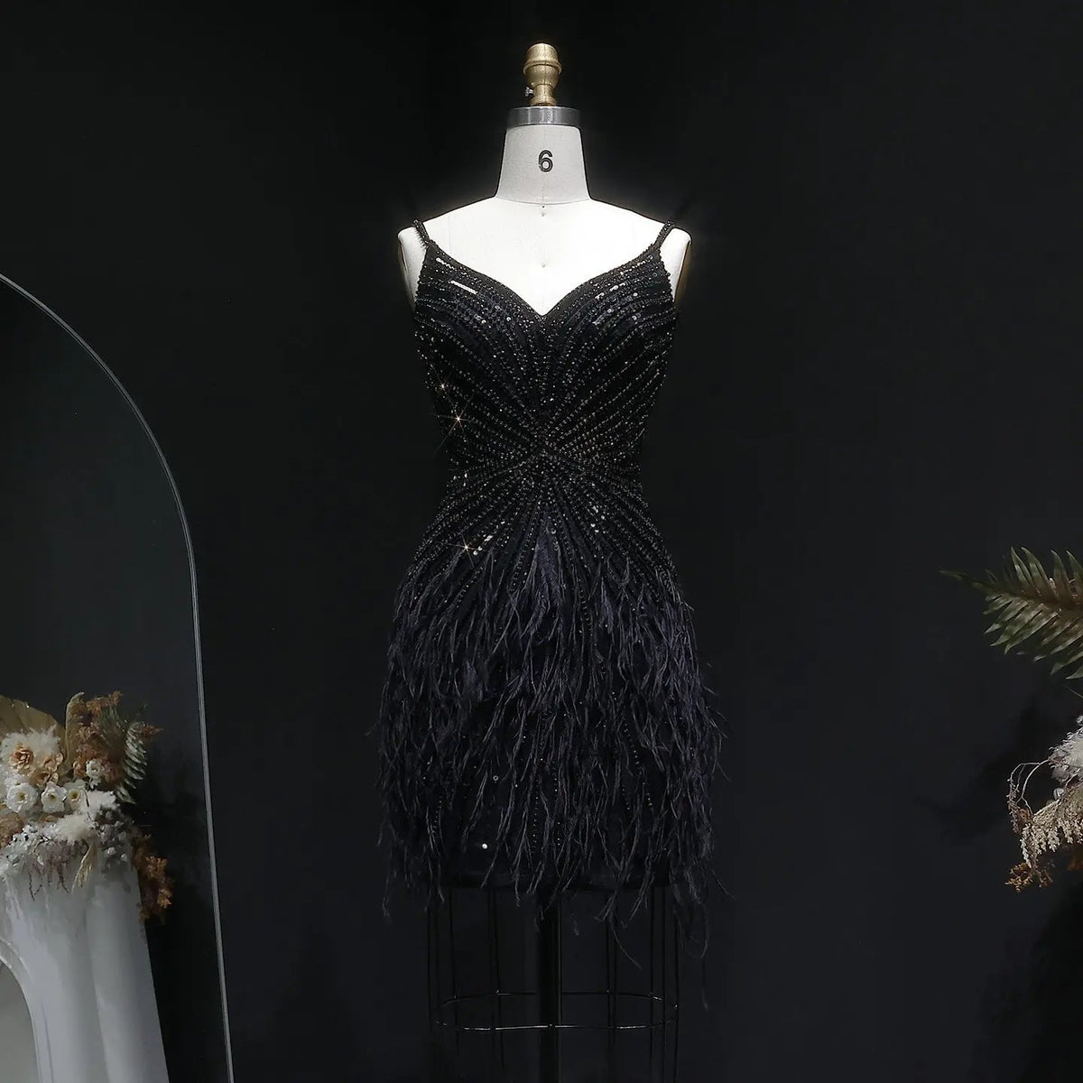 Sparkly Sequin Feather Mini Cocktail Dress Sweetheart Spaghetti Strap Party Dress RM124 - Black