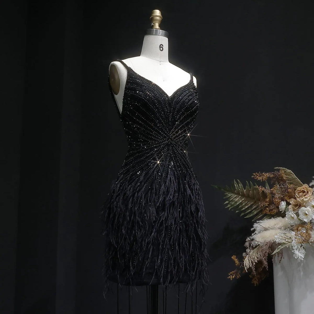 Sparkly Sequin Feather Mini Cocktail Dress Sweetheart Spaghetti Strap Party Dress RM124 - Black