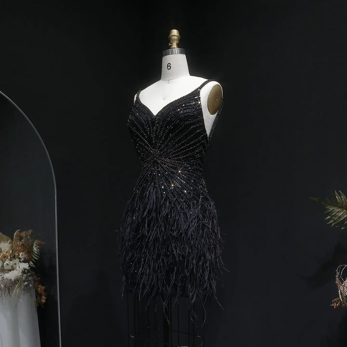 Sparkly Sequin Feather Mini Cocktail Dress Sweetheart Spaghetti Strap Party Dress RM124 - Black