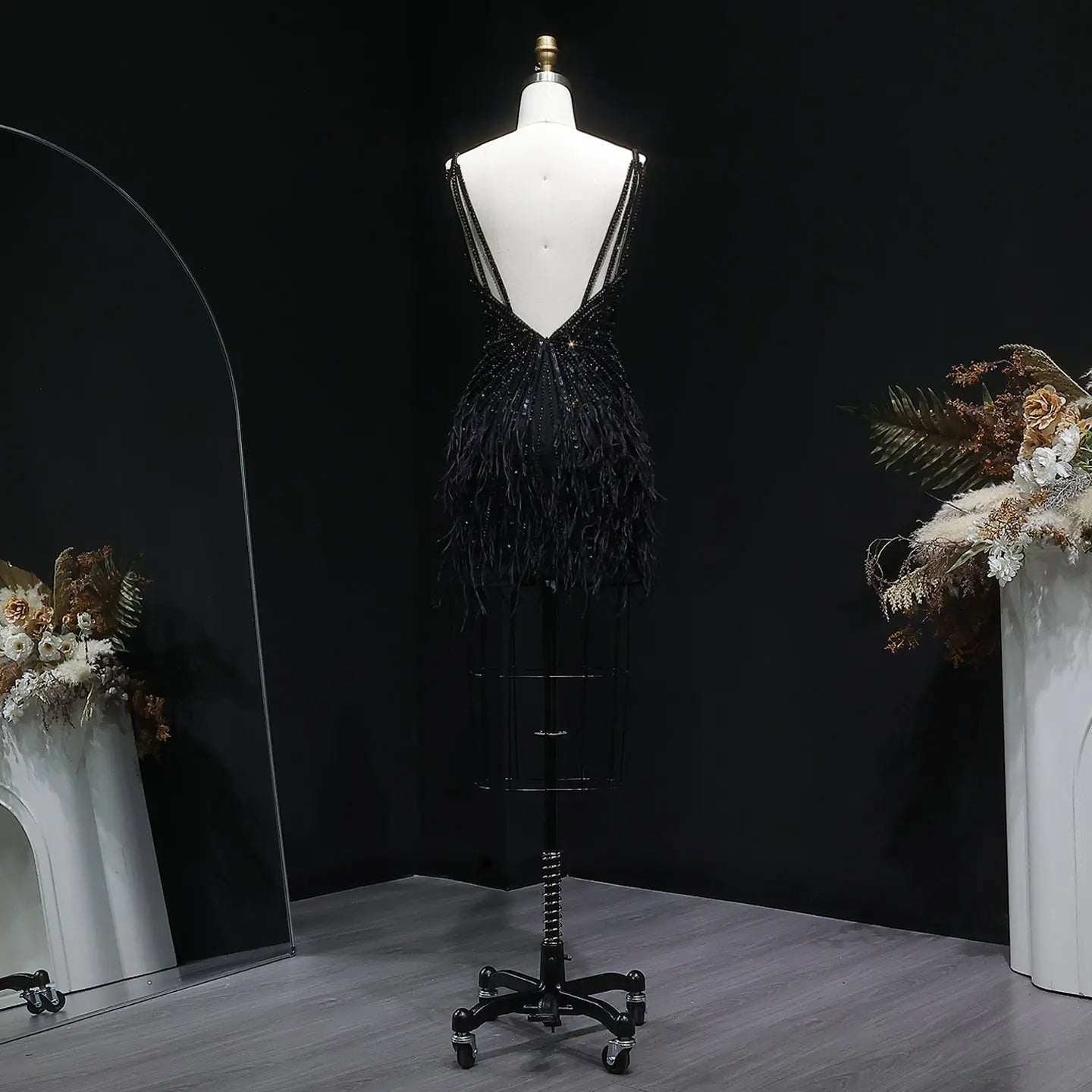 Sparkly Sequin Feather Mini Cocktail Dress Sweetheart Spaghetti Strap Party Dress RM124 - Black