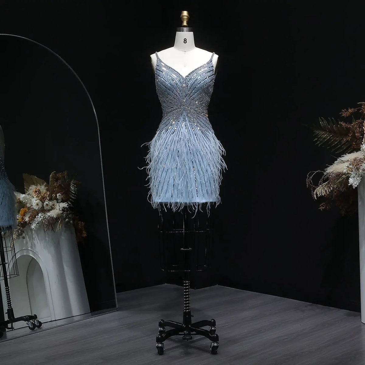 Sparkly Sequin Feather Mini Cocktail Dress Sweetheart Spaghetti Strap Party Dress RM124 - Blue