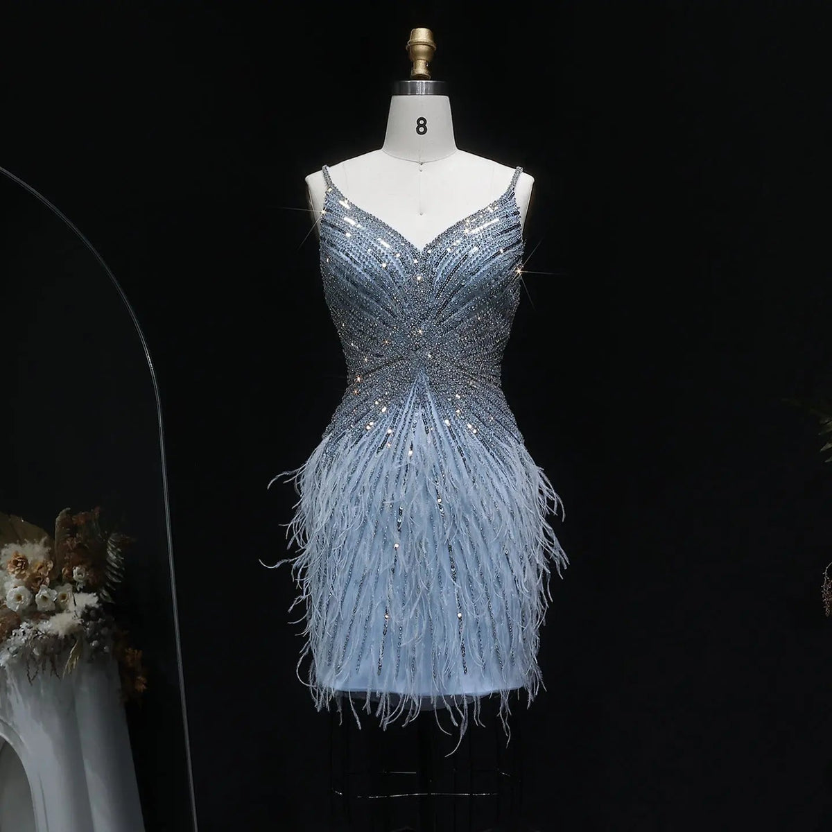Sparkly Sequin Feather Mini Cocktail Dress Sweetheart Spaghetti Strap Party Dress RM124 - Blue