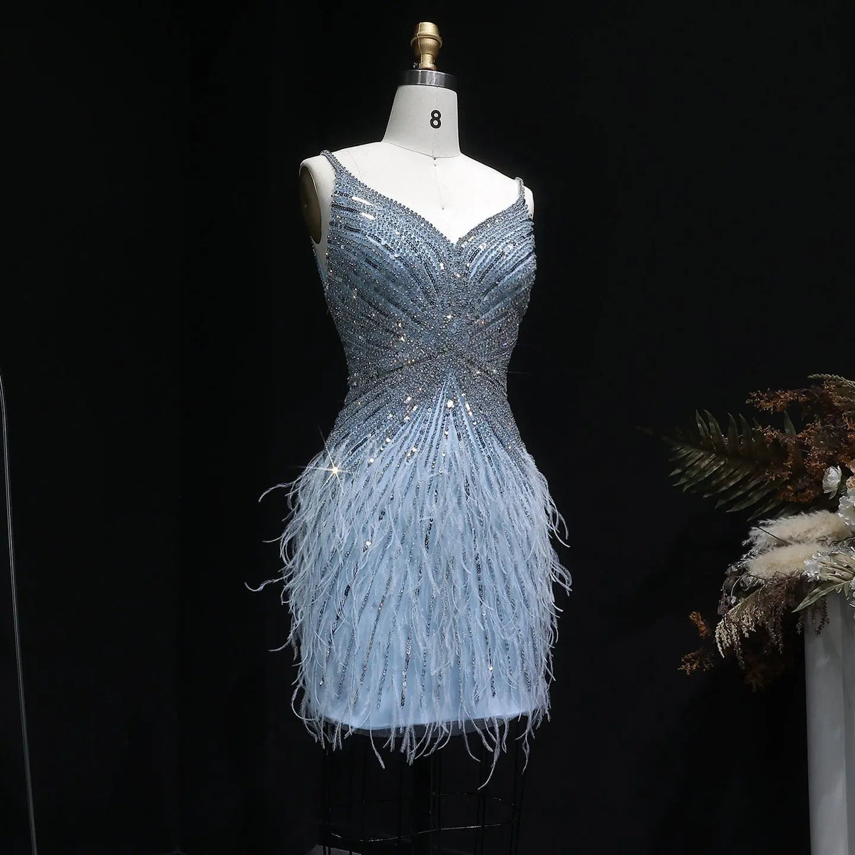 Sparkly Sequin Feather Mini Cocktail Dress Sweetheart Spaghetti Strap Party Dress RM124 - Blue