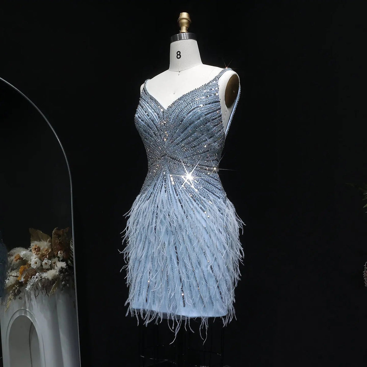 Sparkly Sequin Feather Mini Cocktail Dress Sweetheart Spaghetti Strap Party Dress RM124 - Blue