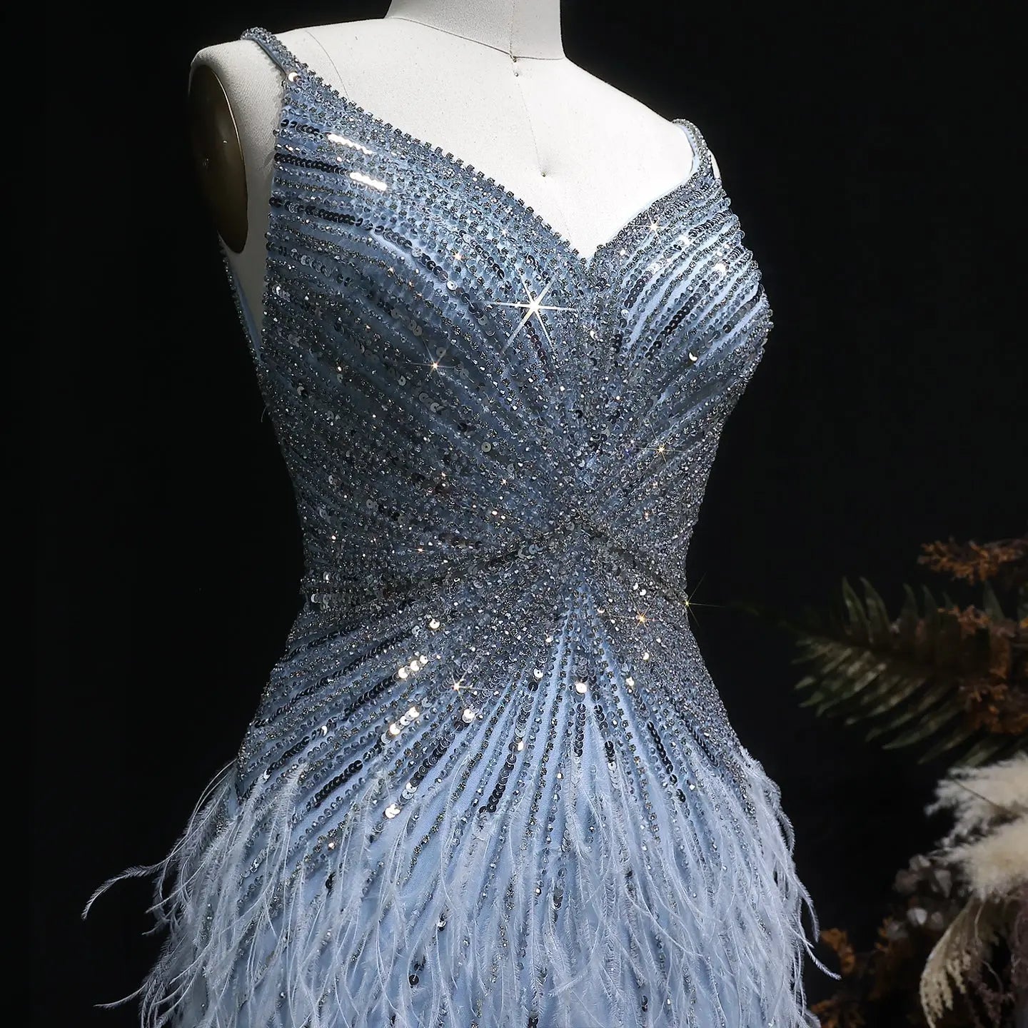 Sparkly Sequin Feather Mini Cocktail Dress Sweetheart Spaghetti Strap Party Dress RM124 - Blue
