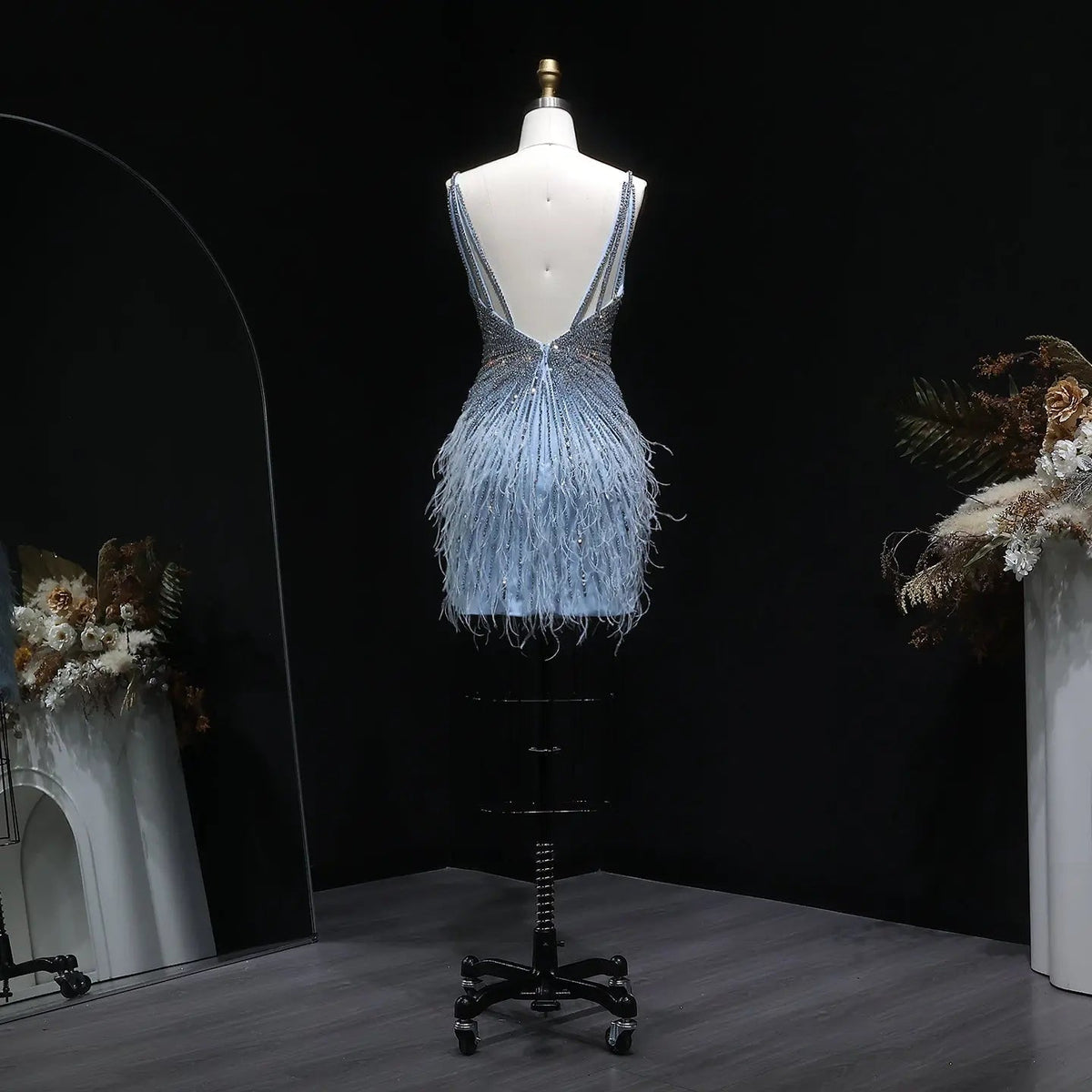 Sparkly Sequin Feather Mini Cocktail Dress Sweetheart Spaghetti Strap Party Dress RM124 - Blue